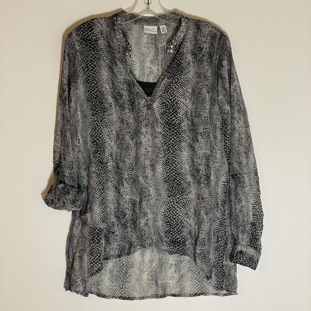 Kim Rogers Top Womens Small Black White Silver Animal Sheer Tunic‎ Embellished S